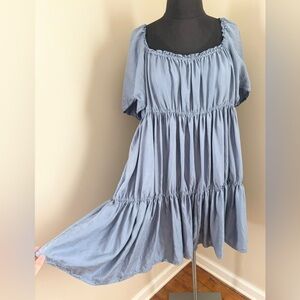 Unsubscribed Light Blue 100% Silk Tiered Flutter Sleeve Flowy Mini Dress